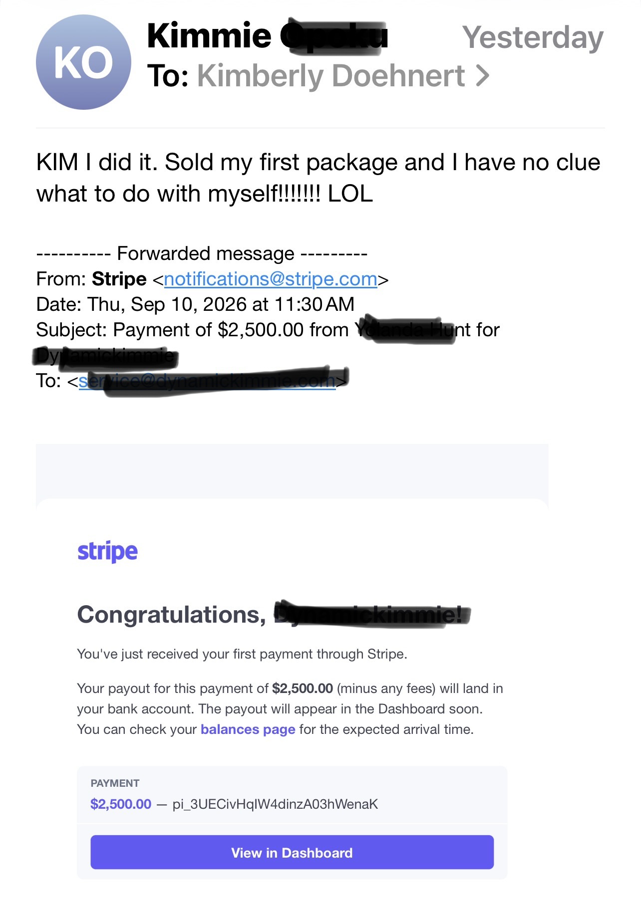 Screenshot showing Kimmie's $2,500 sale